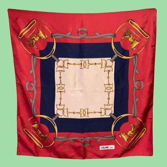 CELINE Paris 100% Silk Scarf Equestrian Motif Vintage Red Gold - Picture 2 of 16